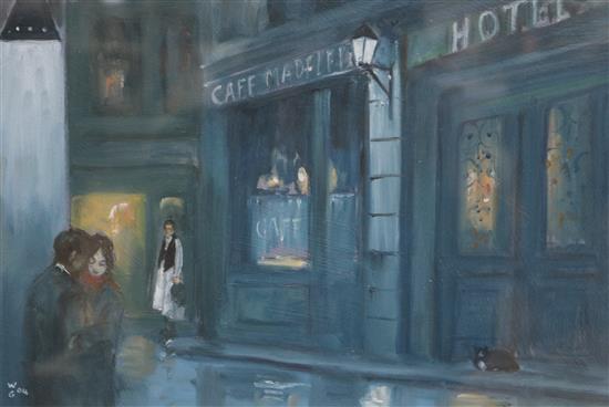 William Gowland, pair of oils, café scenes, 19 x 30cm